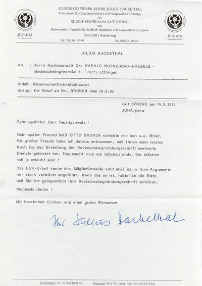Brief von Julius Hackethal. Zum Vergrern anklicken!